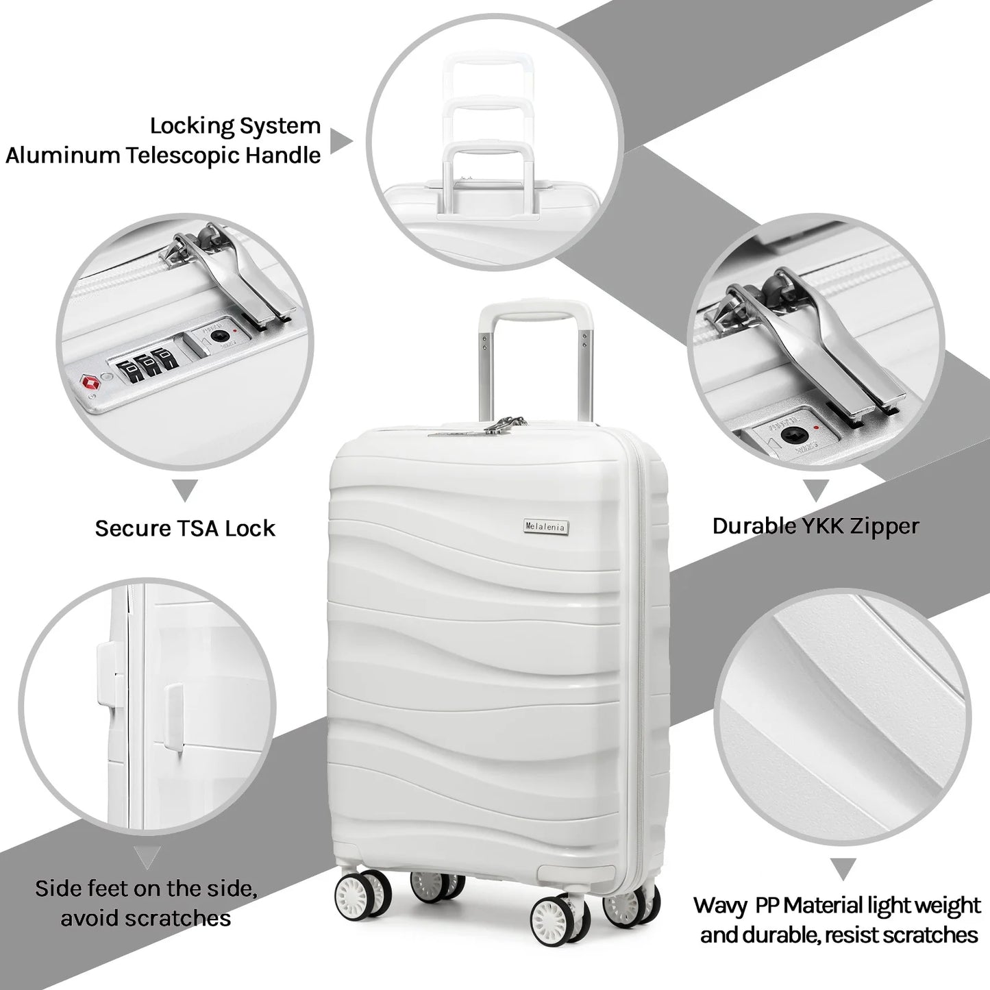 Melalenia - 5 Luggage Sets PP Hardside Spinner Luggage - (Expandable Carry-on Suitcase20")( 24" 28")-White