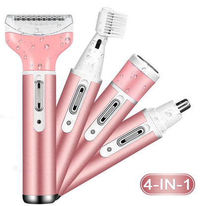 4 in 1 Electric Razor for Women Cordless Hair Removal Ladies Shaver Painless Body Hair Trimmer Remover Rechargeable Epilator for Bikini Facial Nose Ear Eyebrows Leg Armpit Clipper Grooming Groomer Kit