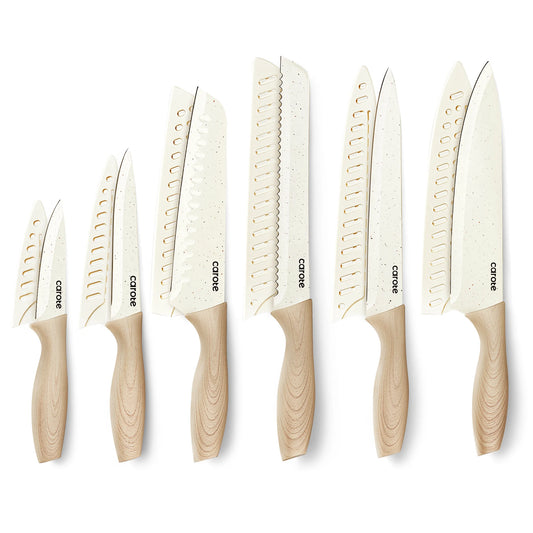 CAROTE 12PCS Knife Set with Blade Guards, White Granite Ceramic Coating, Stainless Steel Blade, Safe