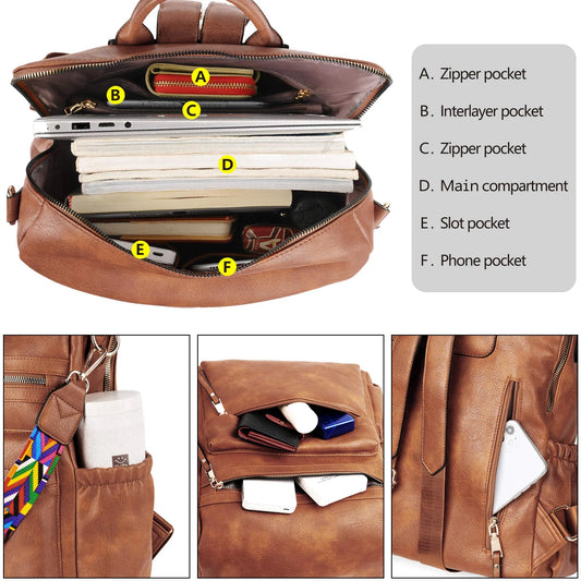 YOMYM Backpack Purse for Women Fashion PU Leather Designer Anti-theft School Backpack Convertible Shoulder Bags Brown