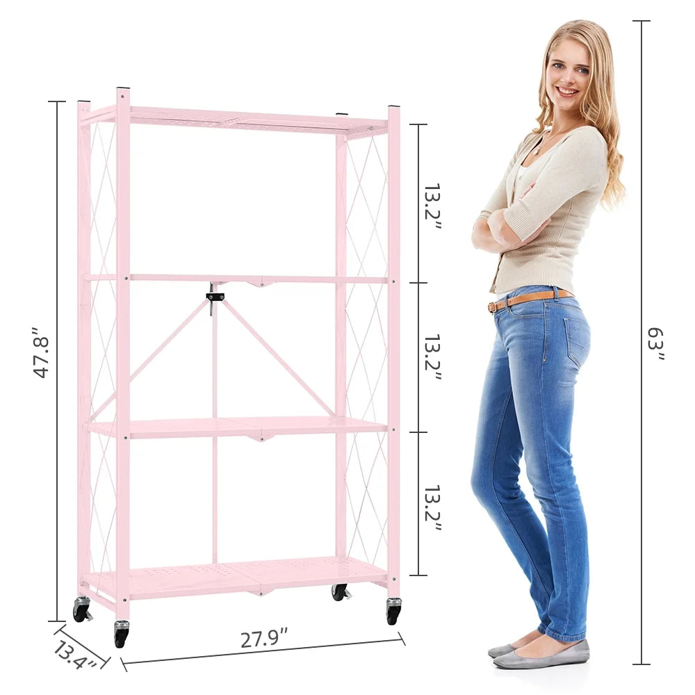 COOKCOK 4-Tier Storage Shelving Unit, Metal Shelf, Foldable Storage Shelf with Wheels, 27.9"x13.4"x49.72" Garage Shelf, Kitchen Shelf with 4 Hooks, No Assemble Require, Pink