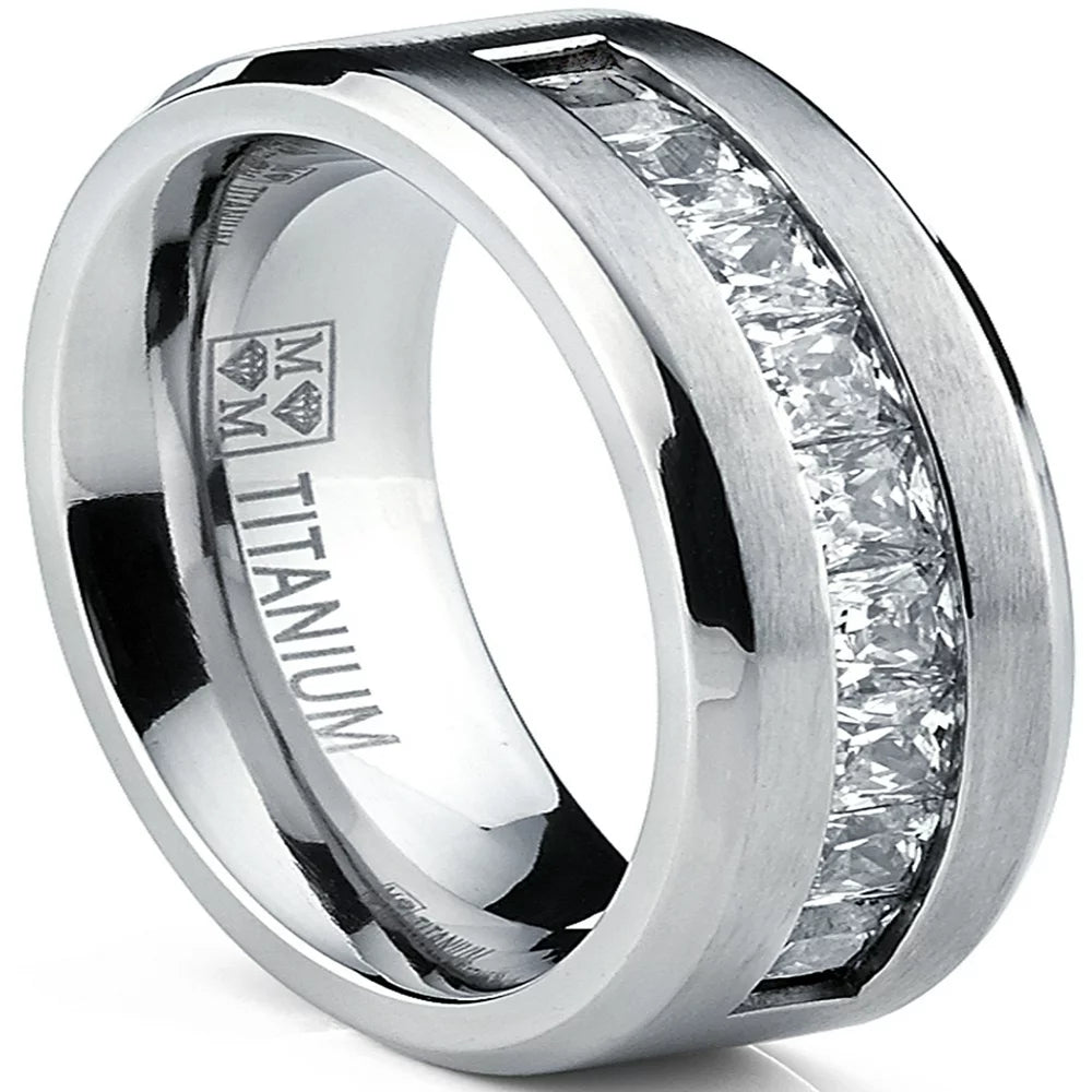 Metal Masters Titanium Men's .9Ct Wedding Band Engagement Ring 9 large Princess Cut Cubic Zirconia