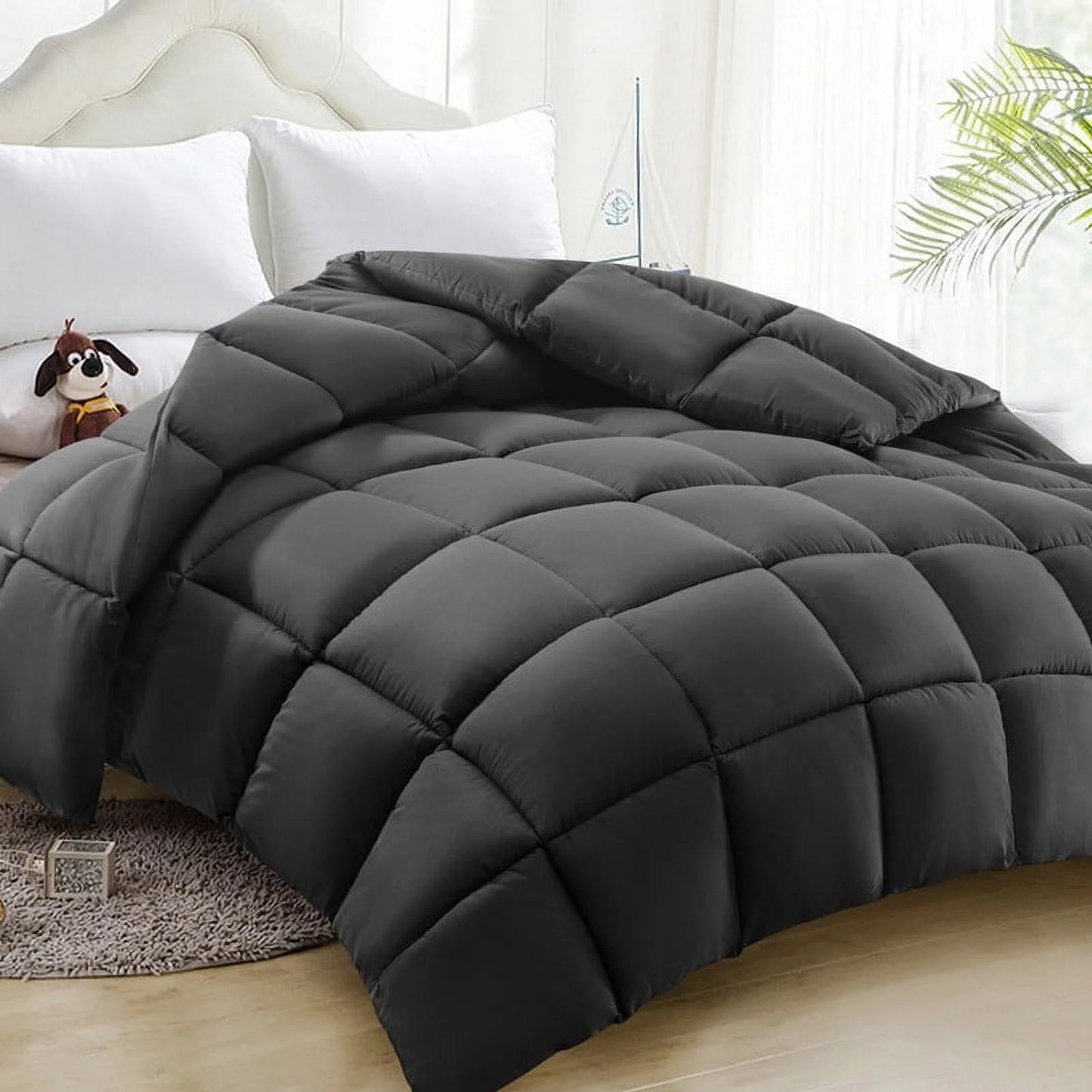 Comforter Queen Gray All Season Down Alternative, Cooling Quilted Duvet Insert, Bed Comforter with Corner Tabs, Washable Hypoallergenic Reversible Quilt