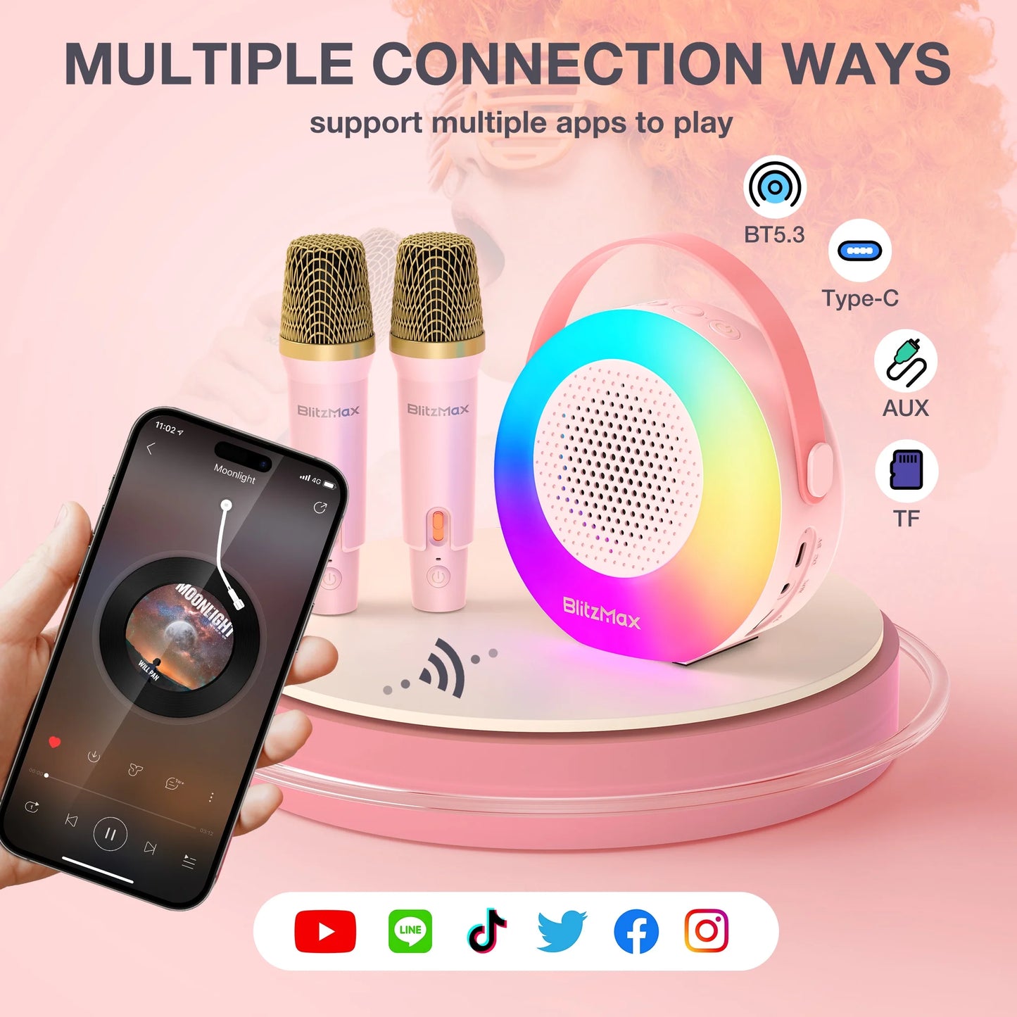 Karaoke Machine with 2 Wireless Mic, Mini Portable Bluetooth Karaoke Singing Speaker for Kids Adults