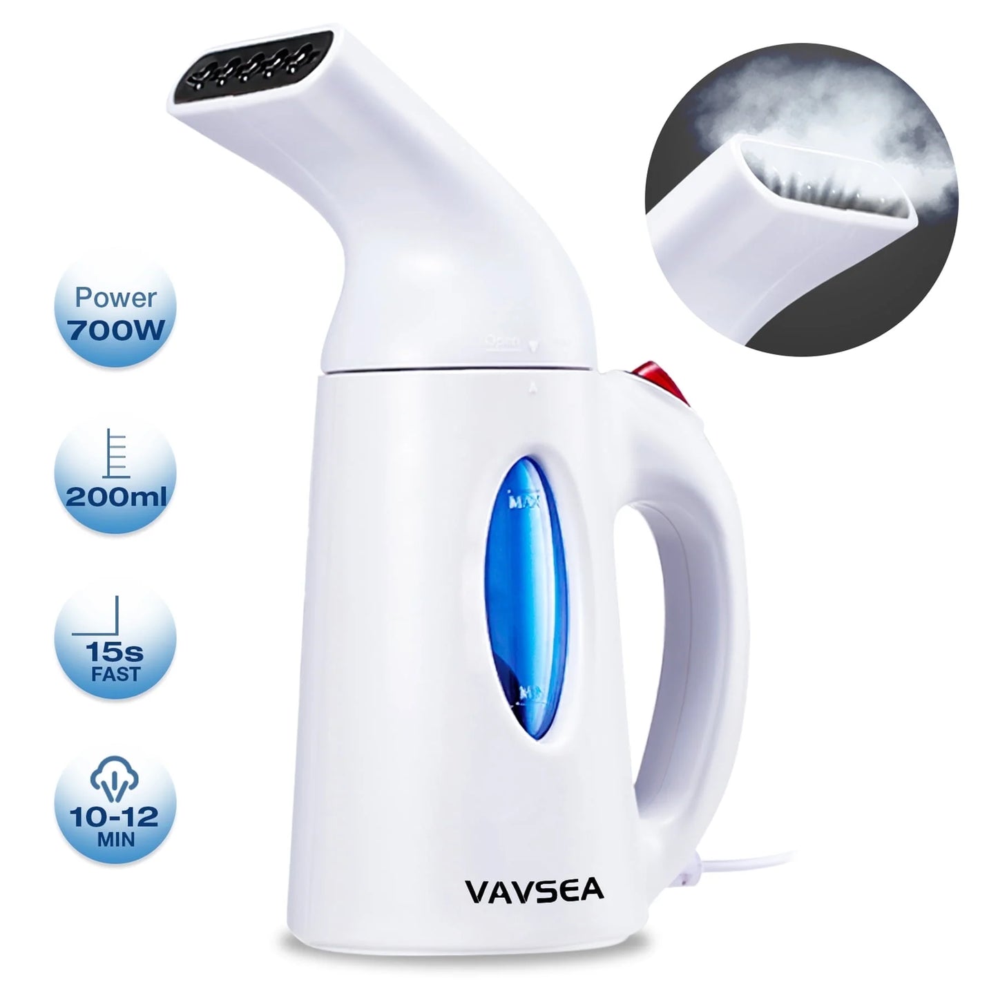 VAVSEA Steamer for Clothes, 700w Portable Garment Steamer, Auto Shut-off Function, Wrinkles/ Steam/ Soften/ Clean/ Sterilize, White