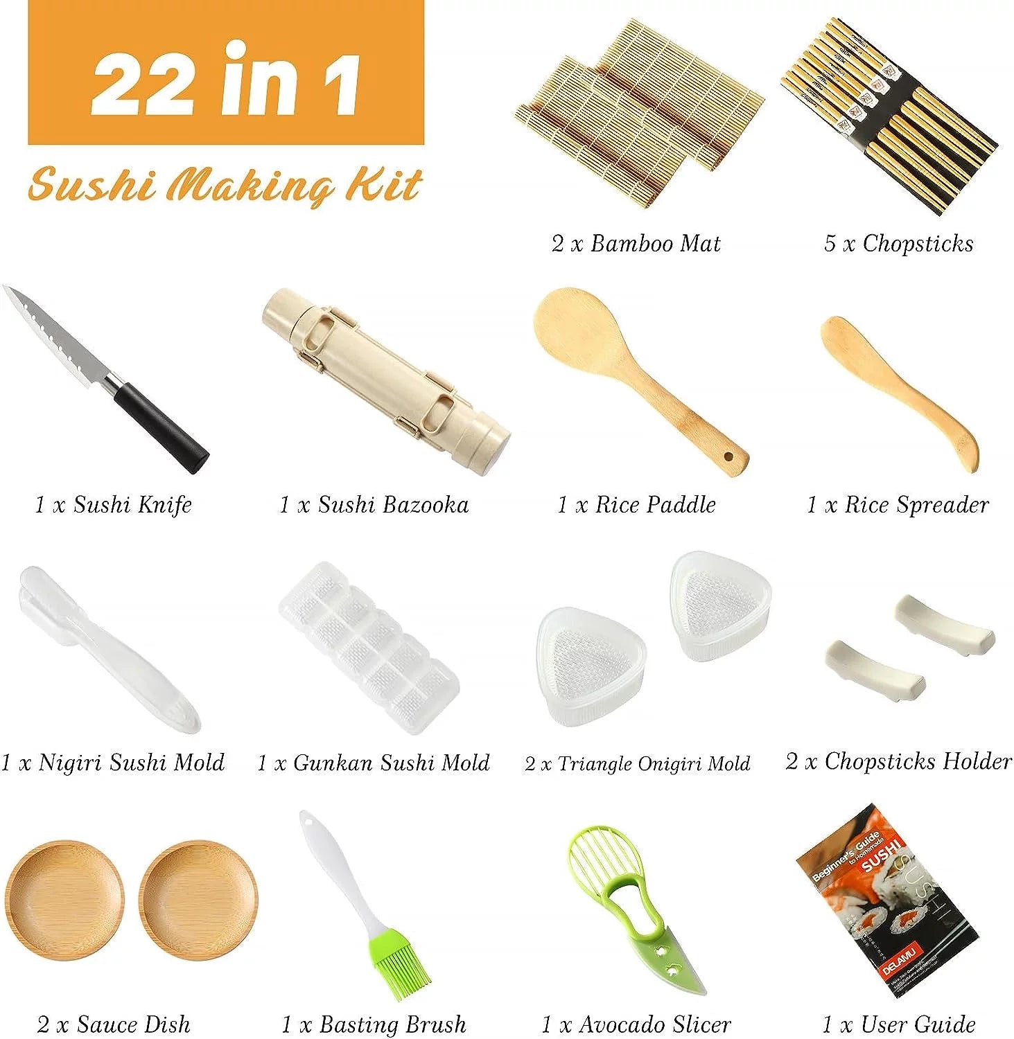 Sushi Making Kit, Delamu Upgrade 22 in 1 Sushi Maker Bazooker Roller Kit with Bamboo Mats