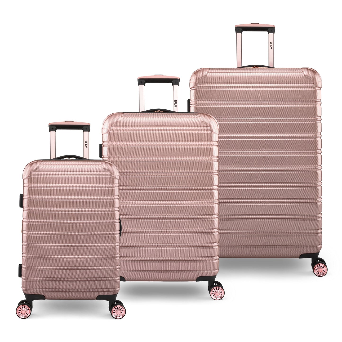 iFLY Hardside Luggage Fibertech 3 Piece Set, 20" Carry-on, 24" Checked Luggage and 28" Checked Luggage, Rose Gold