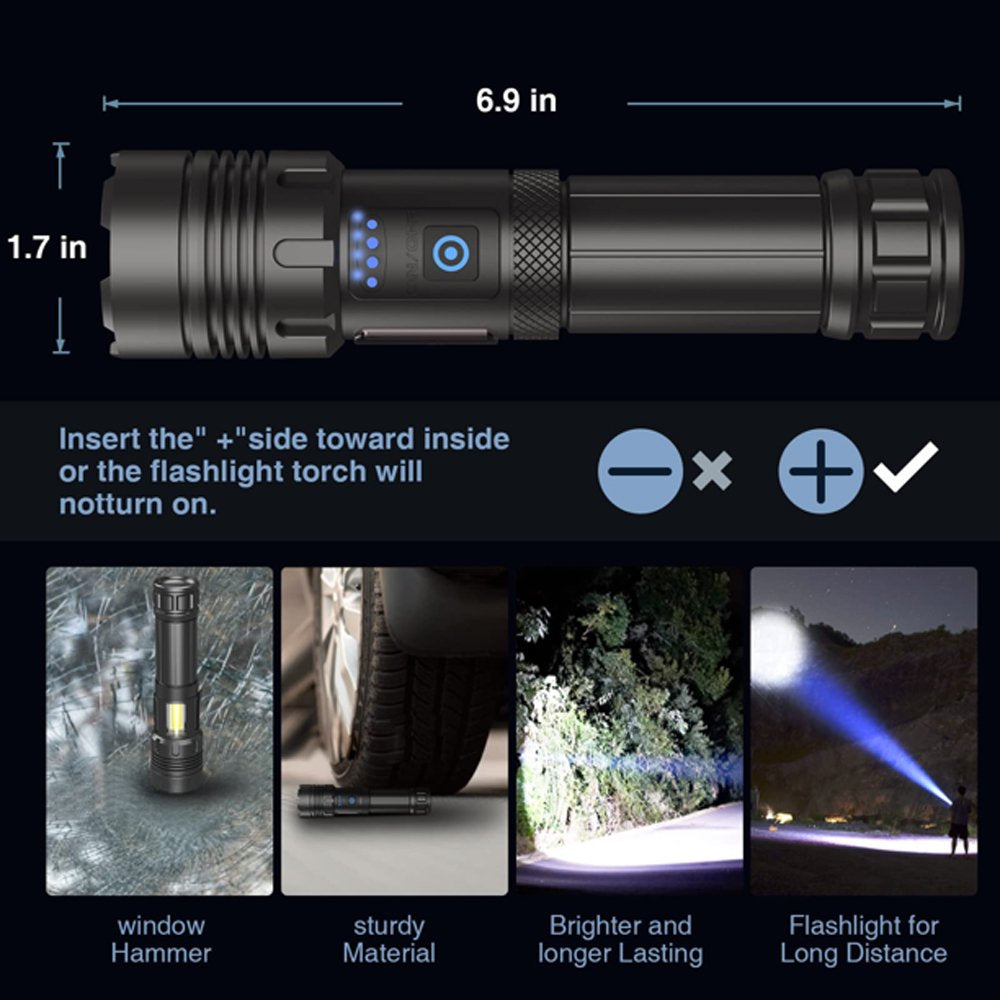 100000 Lumens Powerful Flashlight, Rechargeable Waterproof Searchlight XHP70 Super Bright Handheld Led Flashlight Tactical Flashlight 26650 Battery USB Zoom Torch for Emergency Hiking Hunting Camping