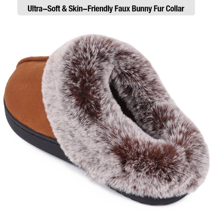 HomeTop Women's Classic Microsuede Memory Foam Slippers Durable Rubber Sole with Warm Faux Fur Collar