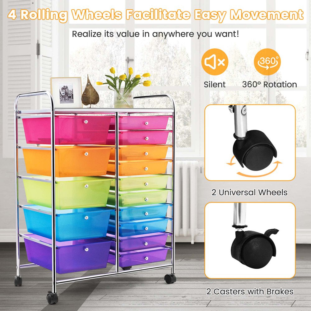 Costway 15 Drawer Rolling Storage Cart Tools Scrapbook Paper Office School Organizer Colorful