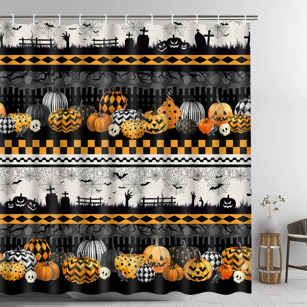  Pumpkin Graveyard Shower Curtain,Halloween Bathroom Decor, Waterproof Fabric Bath Curtain,70"X69"