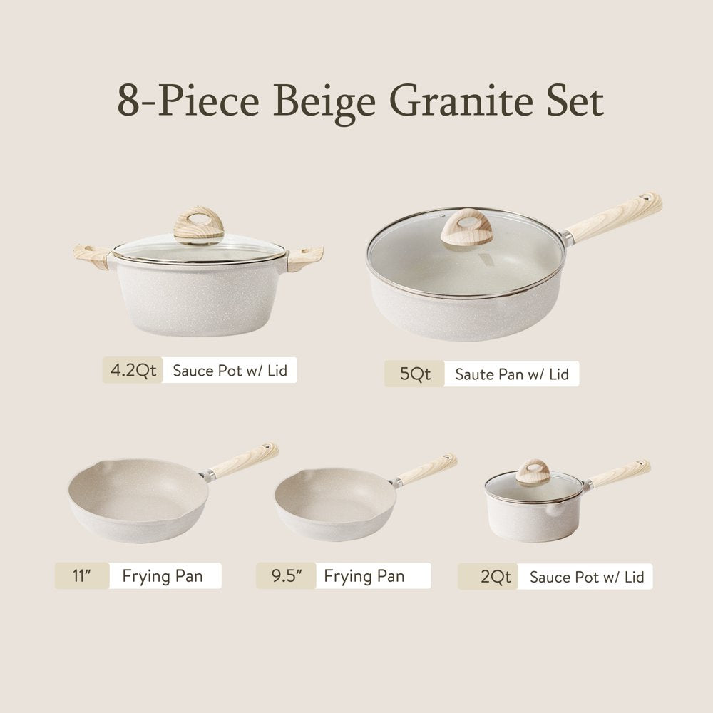 Carote Nonstick Pots and Pans Set, 8 Pcs Induction Kitchen Cookware Sets (Beige Granite)