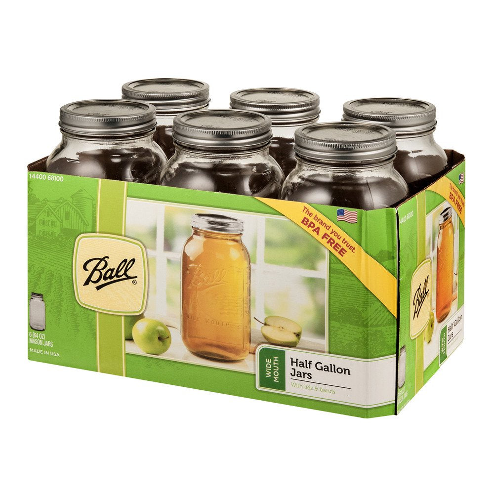 Ball Wide Mouth 64oz Half Gallon Mason Jars with Lids & Bands, 6 Count