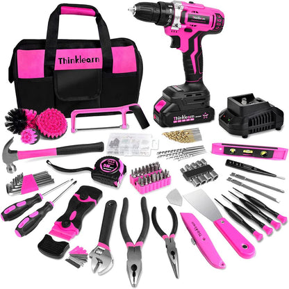 Pink Tool Kit with 20V Cordless Drill(265in-lbs), Pink Drill Set for Women,Lady's Home Tool Kit for DIY