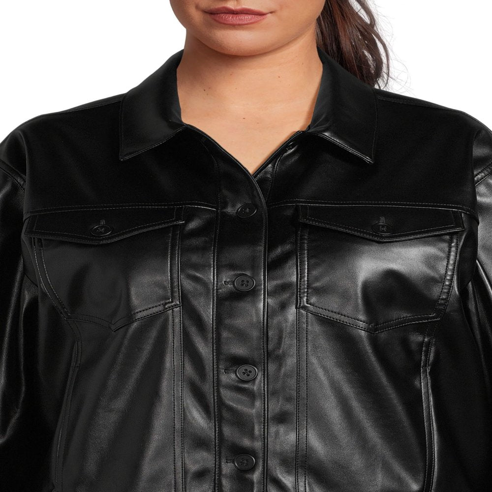  Women's Plus Size Faux Leather Trucker Jacket