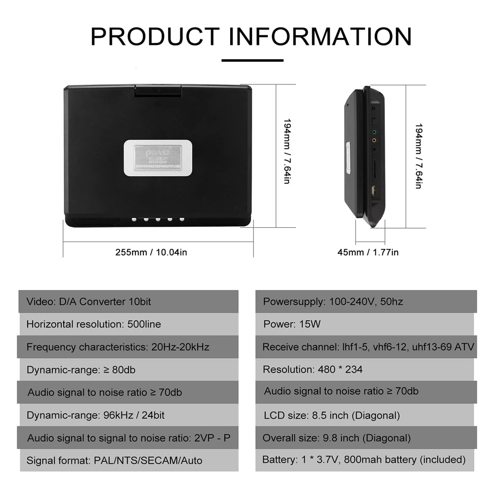 iFanze 9.8" Portable DVD Player with 8.5" HD Swivel Screen, Rechargeable Personal DVD Player with Remote, Support FM Radio, Game Function, Black