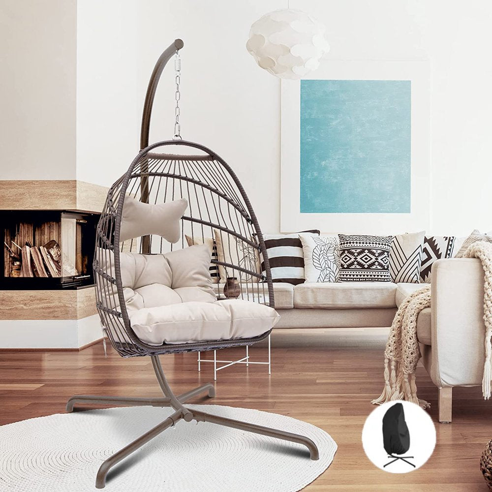 Nicesoul Foldable Wicker Hanging Egg Chair with Stand and Cover, Beige 350 Lbs Maximum Weight