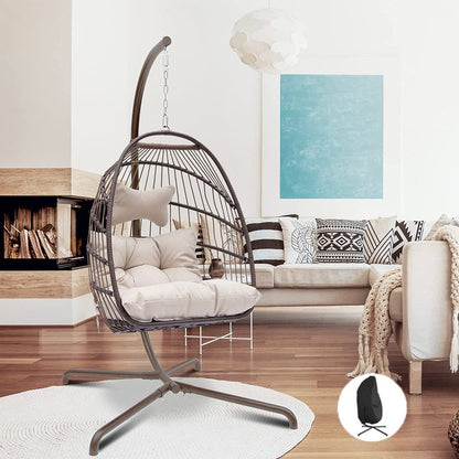 Nicesoul Foldable Wicker Hanging Egg Chair with Stand and Cover, Beige 350 Lbs Maximum Weight