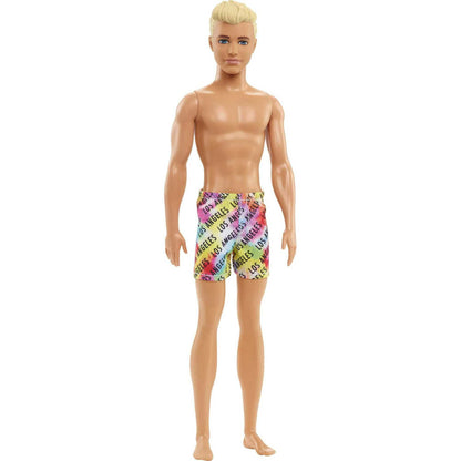 Barbie Ken Beach Doll with Blonde Hair Dressed in Colorful Los Angeles-Print Swim Trunks