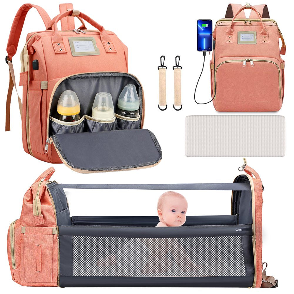 Diaper Bag Backpack, Multifunctional Baby Diaper Bag with Changing Station, Large Capacity Travel Backpack with Insulated Milk Bottle Pocket&Foldable Crib, USB Charging Port(Pink)