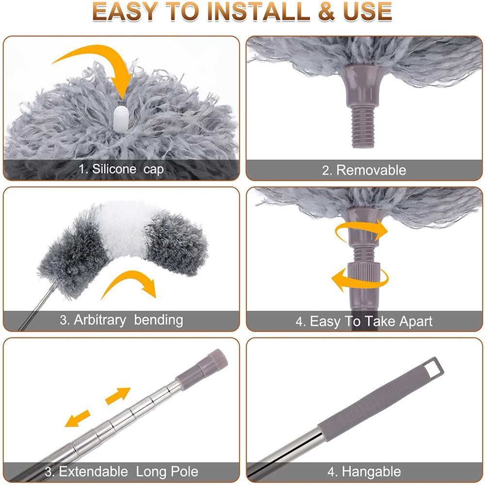 Happylost Microfiber Duster, 9PCS Extendable Feather Duster (Stainless Steel) 30 to 100 inches, Reusable Bendable Washable Dusters for Cleaning Ceiling Fan, High Ceiling, Blinds, Furniture, Cars, Gray