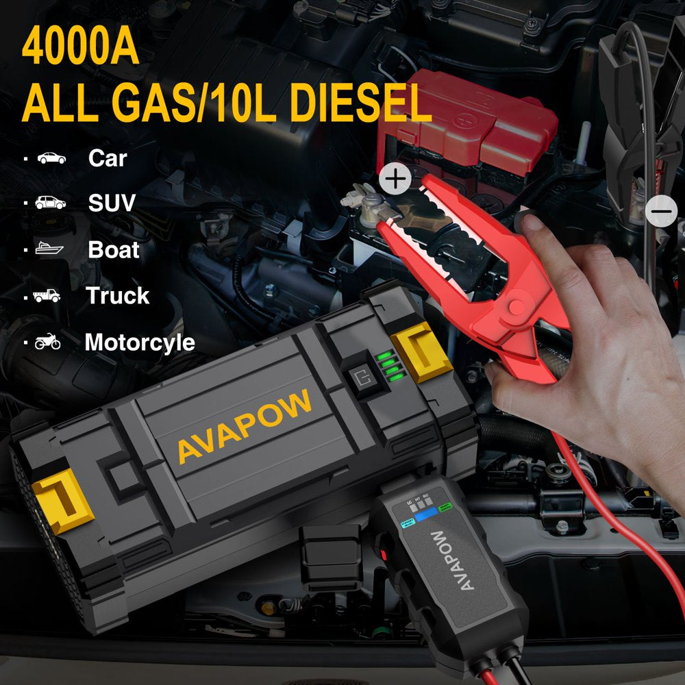 AVAPOW Car Jump Starter, 4000A Peak Battery Jump Starter , 2023 Upgraded Powerful Portable Battery Booster Power Pack, 12V Auto Jump Box with LED Light, USB Quick Charge 3.0 Yellow