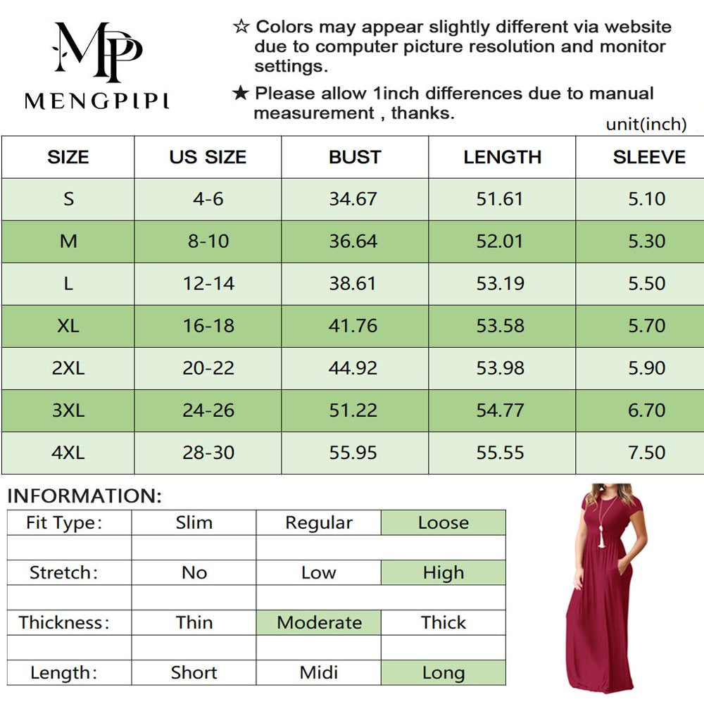 Mengpipi Women's Maxi Dresses Short Sleeve Long Casual Dresses Loose Plain with Pockets, Navy Blue-L(US 12-14)