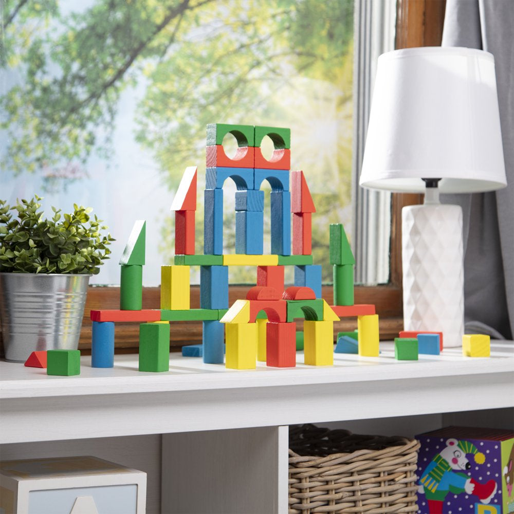 Melissa & Doug Wooden Building Blocks Set - 100 Blocks in 4 Colors and 9 Shapes - FSC-Certified Materials