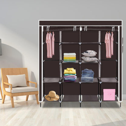 67" Clothes Closet Portable Wardrobe Clothes Storage Rack 12 Shelves 4 Side Pockets Dark Brown