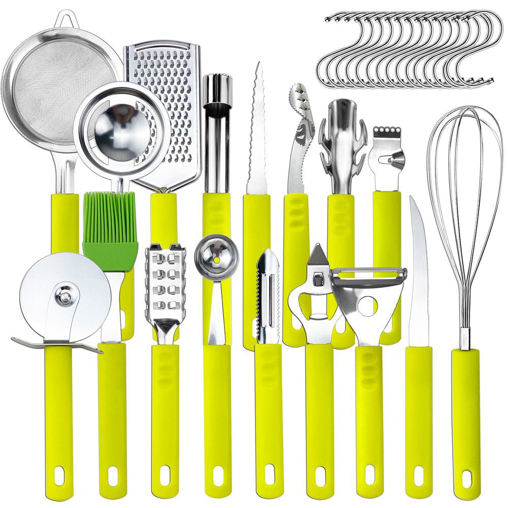 34 Pcs Kitchen Cooking Utensils Set Stainless Steel Kitchen Gadget Tools Core Removal Potato Peeler Whisk Pizza Cutter Steak Knife Bottle Opener