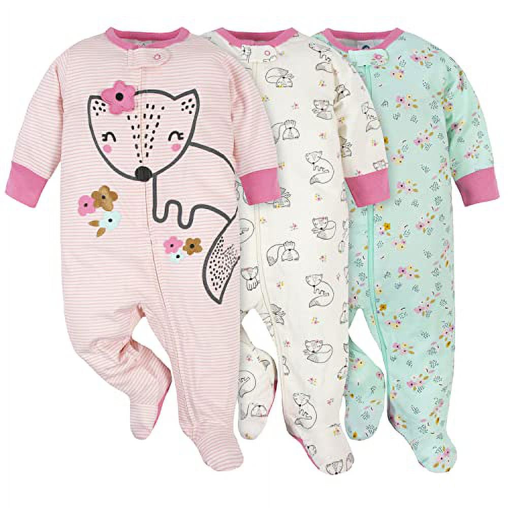 Gerber Girls' Long Sleeve Footed Sleep N' Plays, 3-Pack, Sizes Newborn - 6/9M