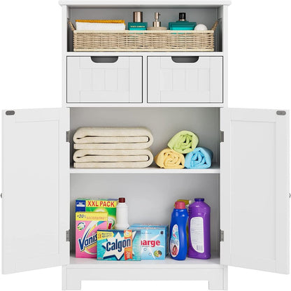 Homfa Bathroom Floor Storage Cabinet, Wood Linen Cabinet with Doors and Drawers and Adjustable Shelf, Kitchen Cupboard, Free Standing Organizer for Living Room Entryway Home Office, White