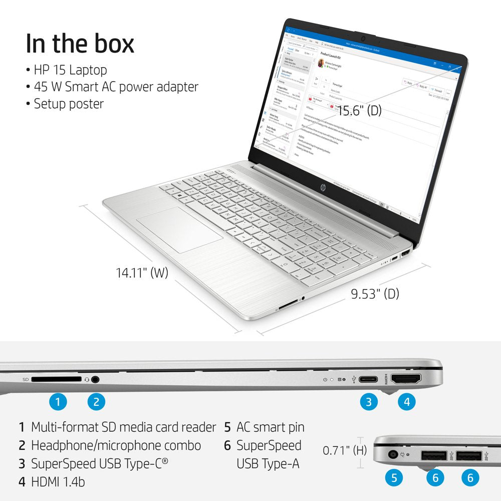 HP 15.6" FHD Laptop, Intel Core i5-1135G7, 8GB RAM, 256GB SSD, Silver, Windows 11 Home, 15-dy2795wm