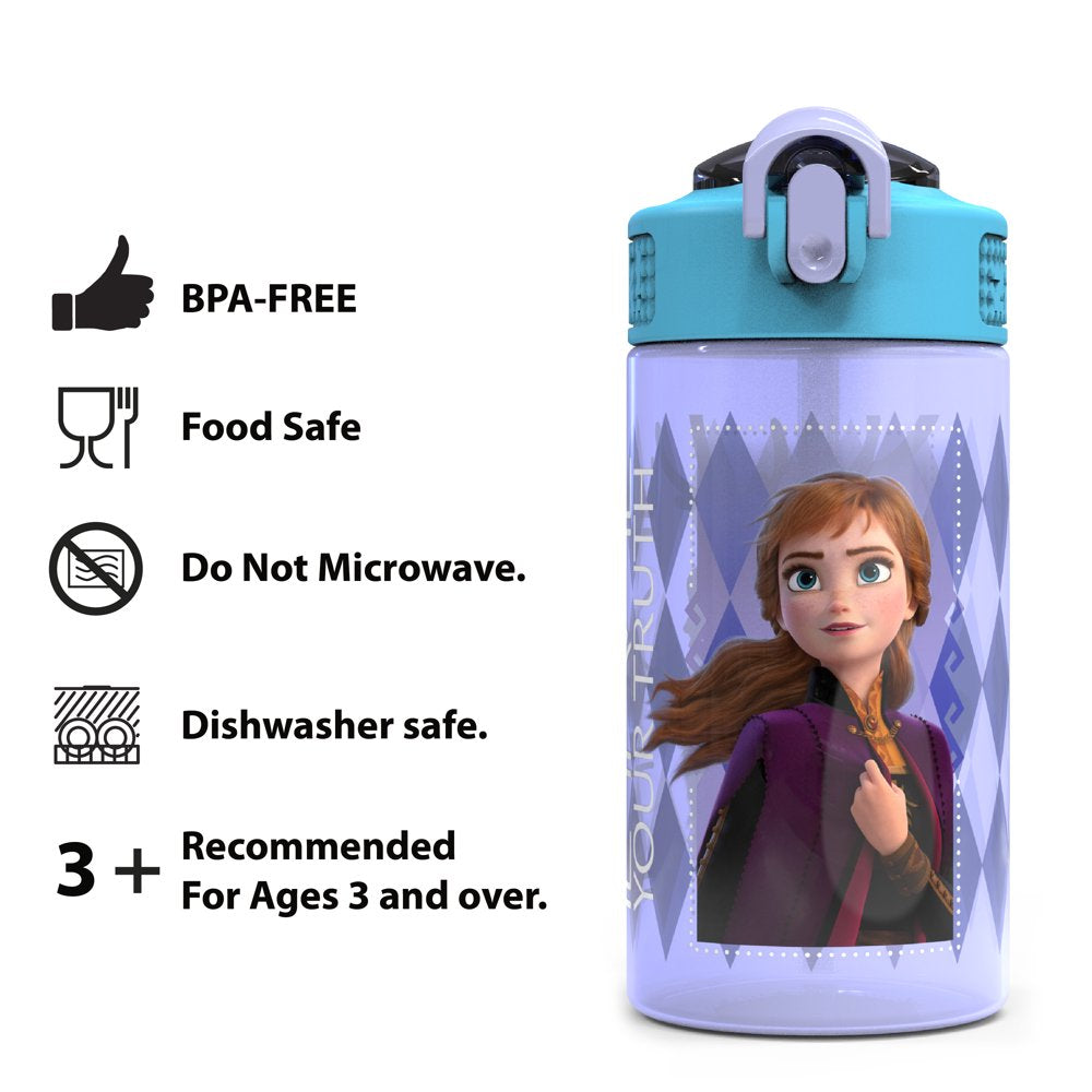 Zak Designs 2pc 16 oz Disney Kids Water Bottle Plastic with Push-Button Spout and Locking Cover, Frozen Anna Elsa