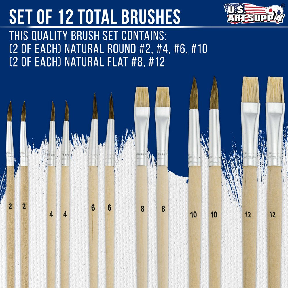  12-Piece Artist Paint Brush Set with 9" x 12" Wood Painting Palette - 12 Premium Round & Flat Bristle Paintbrushes - Fun Kids, Adults, Students, School Teachers, Beginners, Starter Kit