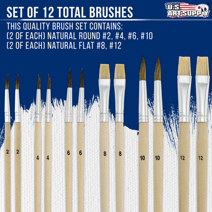  12-Piece Artist Paint Brush Set with 9" x 12" Wood Painting Palette - 12 Premium Round & Flat Bristle Paintbrushes - Fun Kids, Adults, Students, School Teachers, Beginners, Starter Kit