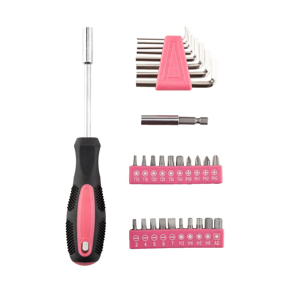 39pcs Household Hand Tool Set, w/ Case, for General Household DIY Home Repair, Pink