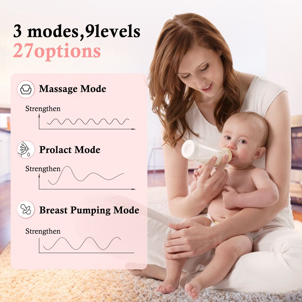 Double Electric Breast Pump, Rechargeable Portable Dual Breastfeeding Pump Anti-Backflow with Milk Collect Function Strong Suction 3 Modes 9 Levels, Pink