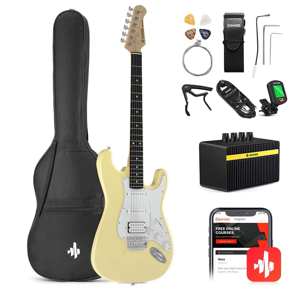  39" Electric Guitar Beginner Kit Solid Body Full Size HSS for Starter, with Amplifier, Bag, Digital Tuner, Capo, Strap, String, Cable, Picks, Black