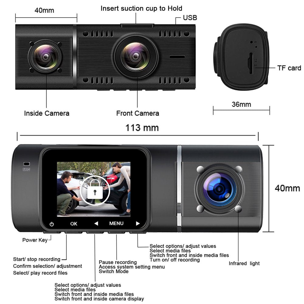 TOGUARD Dual FHD 1080P Dash Cam Front and Inside Car Camera with Night Vision WDR Car Dash Camera Black