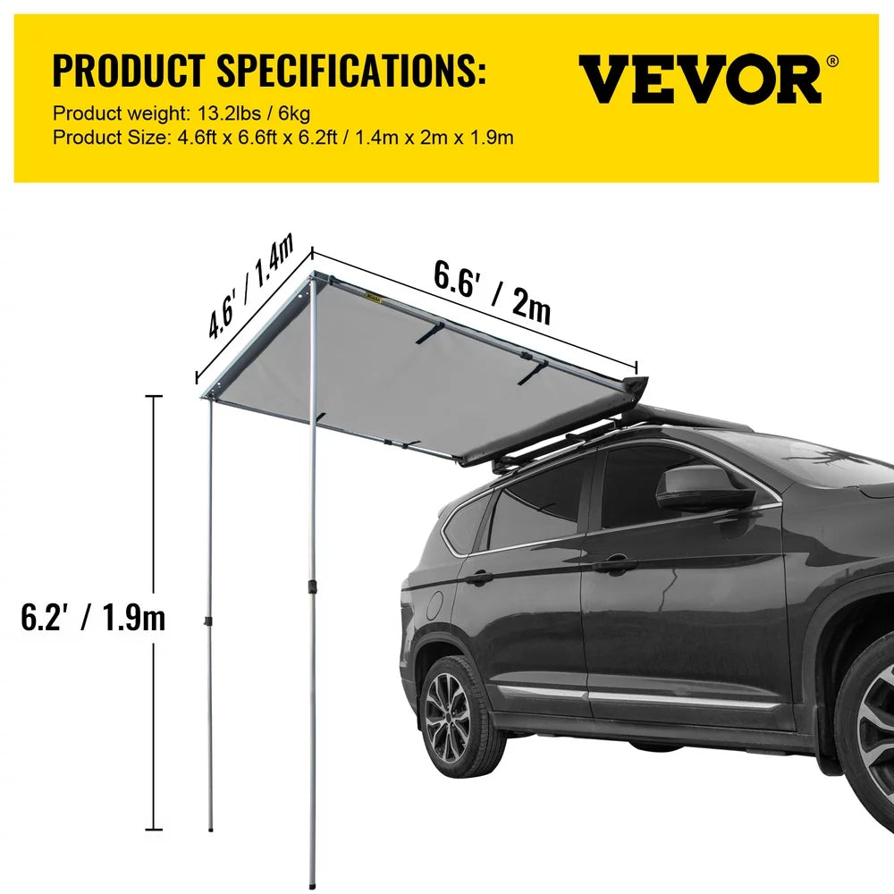  Car Side Awning, 4.6'x6.6', Pull-Out Retractable Vehicle Awning Waterproof UV50+, Telescoping Poles Trailer Sunshade Rooftop Tent w/ Carry Bag for Jeep/SUV/Truck/Van Outdoor Camping Travel, Grey