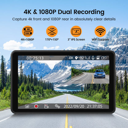 4K Dual Dash Cam with Wifi GPS, 4K/2.5K Front and 1080P Rear Dash Camera for Cars, 3" IPS Screen, WDR, Night Vision, 170°Wide Angle, 24H Parking Mode, G-Sensor, Support 256GB Max, Black