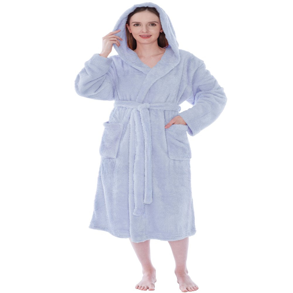 PAVILIA Women Hooded Plush Soft Robe | Fluffy Warm Fleece Sherpa Shaggy Bathrobe (S/M, Black)