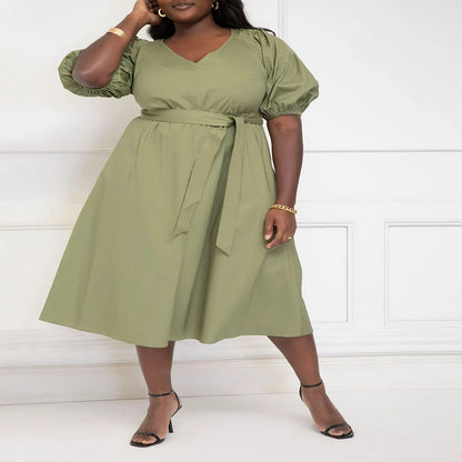  Women'S plus Size Puff-Sleeve Belted Midi Dress