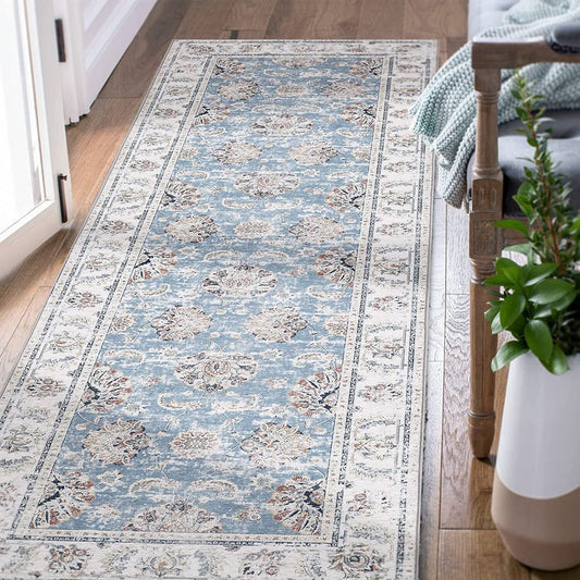 RUGKING Foldable Print Runner Rug 3'x8' Vintage Floral Area Rug Blue Rug Non-Slip Indoor Rug for Kitchen Bathroom Etryway Bedroom Living Room