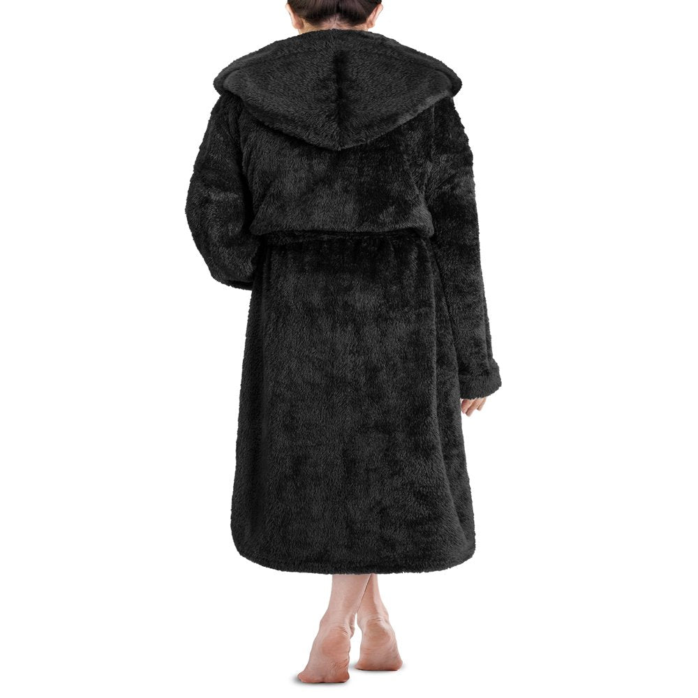 PAVILIA Women Hooded Plush Soft Robe | Fluffy Warm Fleece Sherpa Shaggy Bathrobe (S/M, Black)