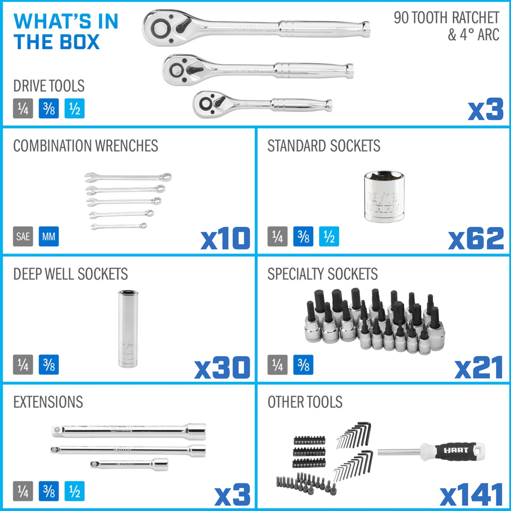 HART Multiple Drive 270-Piece Mechanics Tool Set, Chrome Finish