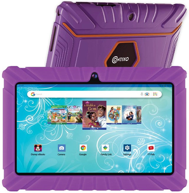 Contixo 7" Android Kids Tablet 32GB, Includes 50+ Disney Storybooks & Stickers, Kid-Proof Case, (2023 Model) - Purple