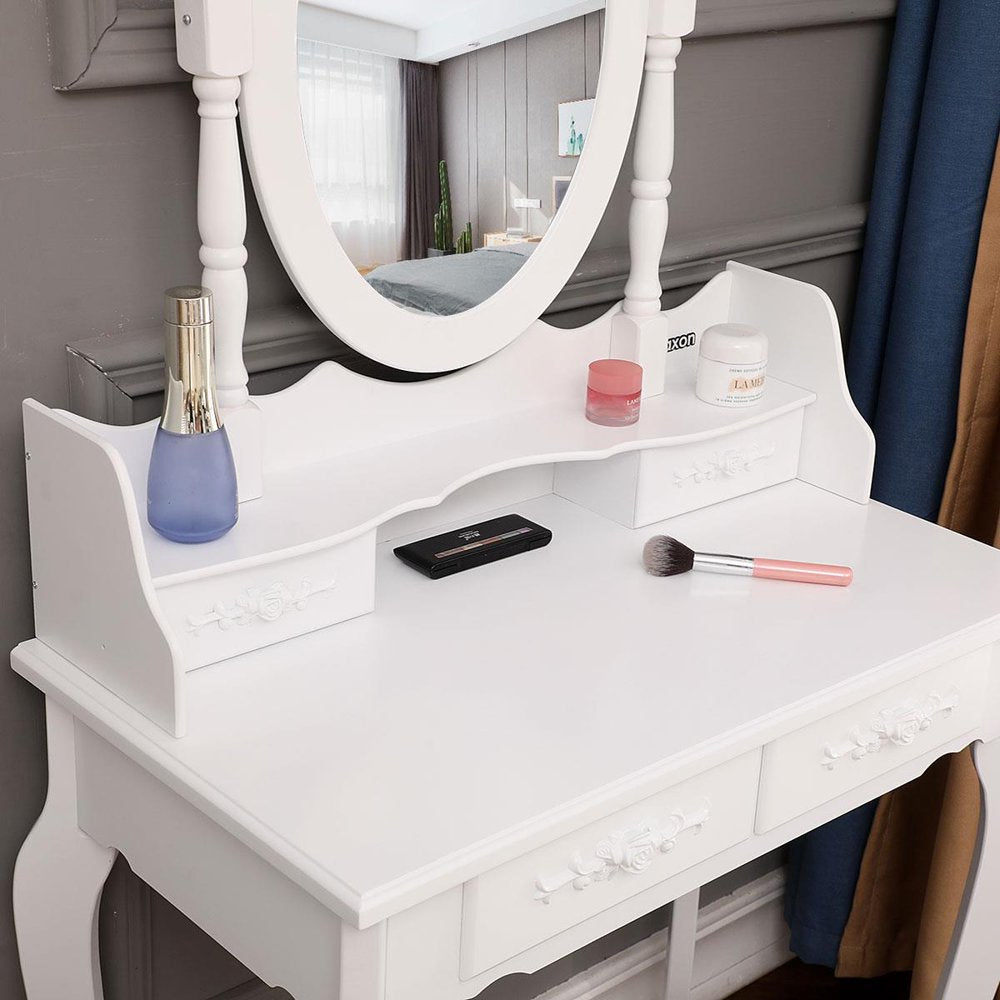 Ktaxon Elegance White Dressing Table Vanity Table and Stool Set Wood Makeup Desk with 4 Drawers & Mirror