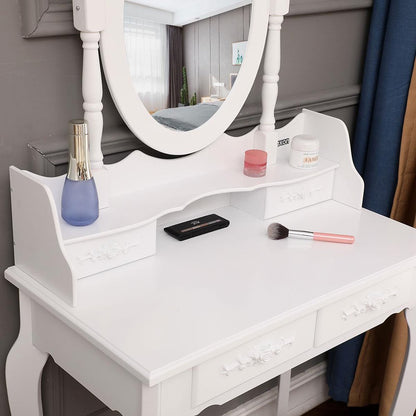 Ktaxon Elegance White Dressing Table Vanity Table and Stool Set Wood Makeup Desk with 4 Drawers & Mirror